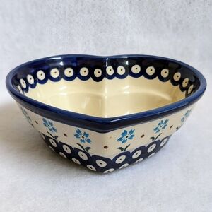 Polish Pottery Heart Shaped Bowl with Light Blue Floral Design